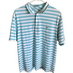 Vineyard Vines men’s SZ Large turquoise white stripe whale logo polo short sl